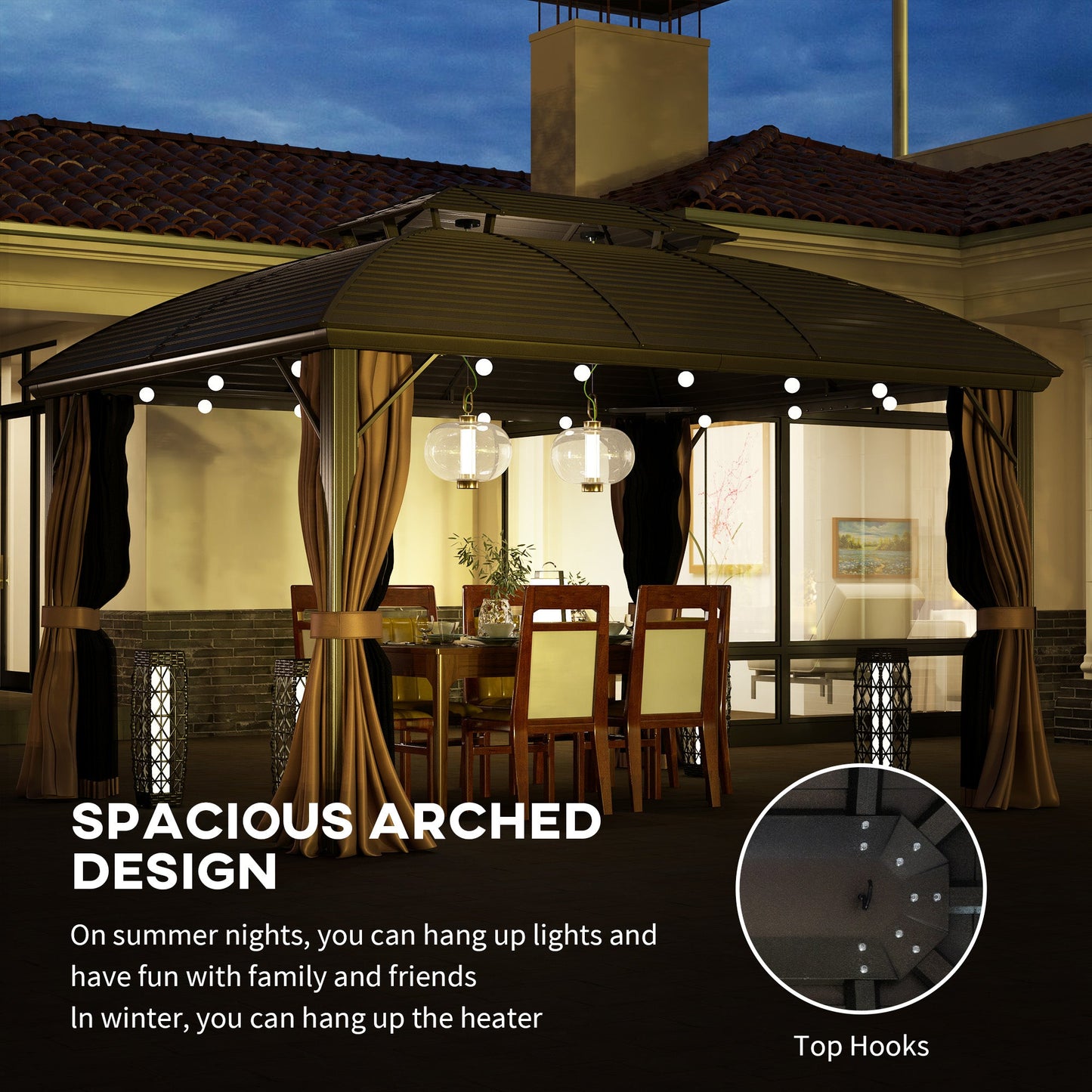 3.65 x 3(m) Hardtop Steel Gazebo Canopy for Patio Heavy Duty Outdoor Pavilion with Aluminium Alloy Frame, Double Roof, Net Sidewalls and Curtains, Coffee
