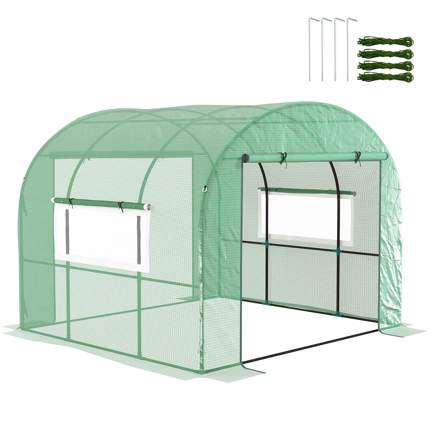 3 x 3 x 2m Polytunnel Greenhouse with Doors and Mesh Windows, Walk-in Grow House Tent with UV-resistant PE Cover and Steel Frame, Green
