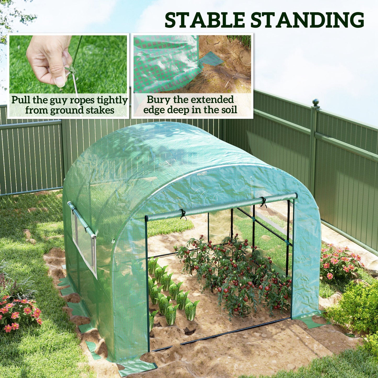 3 x 3 x 2m Polytunnel Greenhouse with Doors and Mesh Windows, Walk-in Grow House Tent with UV-resistant PE Cover and Steel Frame, Green