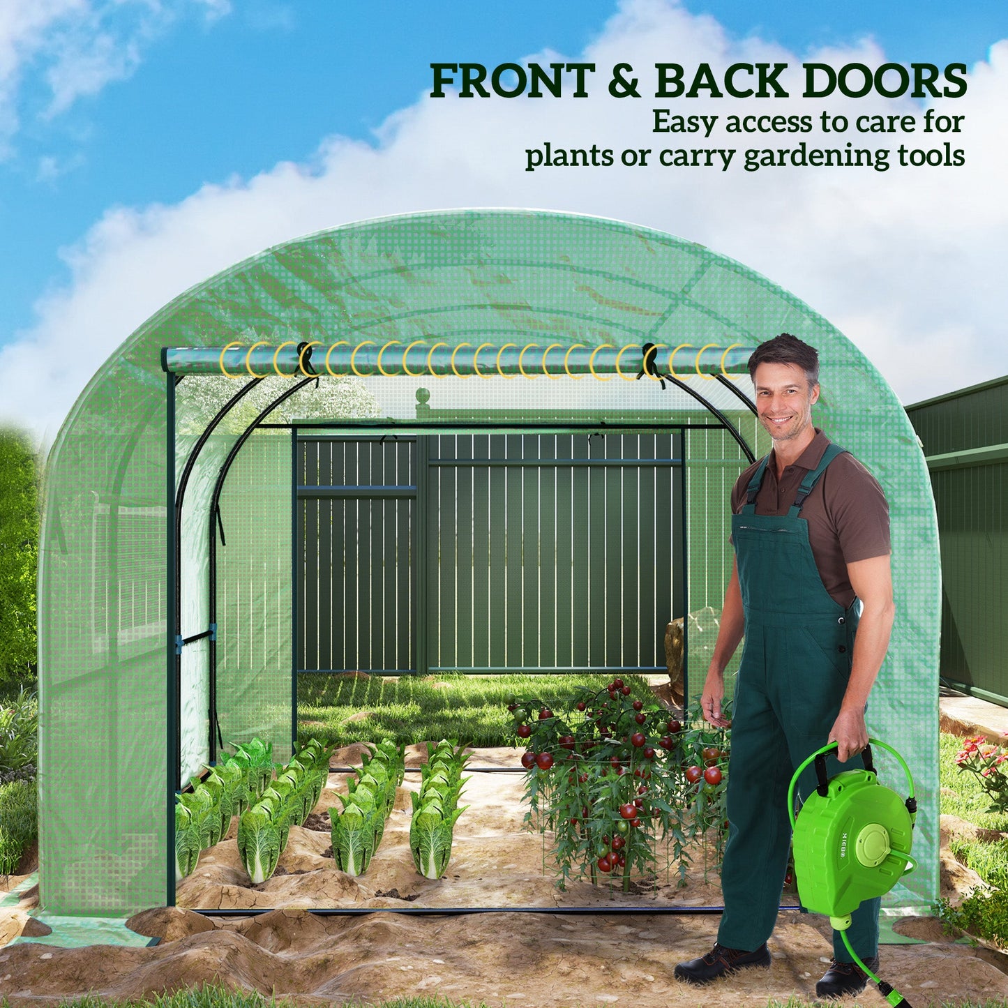 3 x 3 x 2m Polytunnel Greenhouse with Doors and Mesh Windows, Walk-in Grow House Tent with UV-resistant PE Cover and Steel Frame, Green