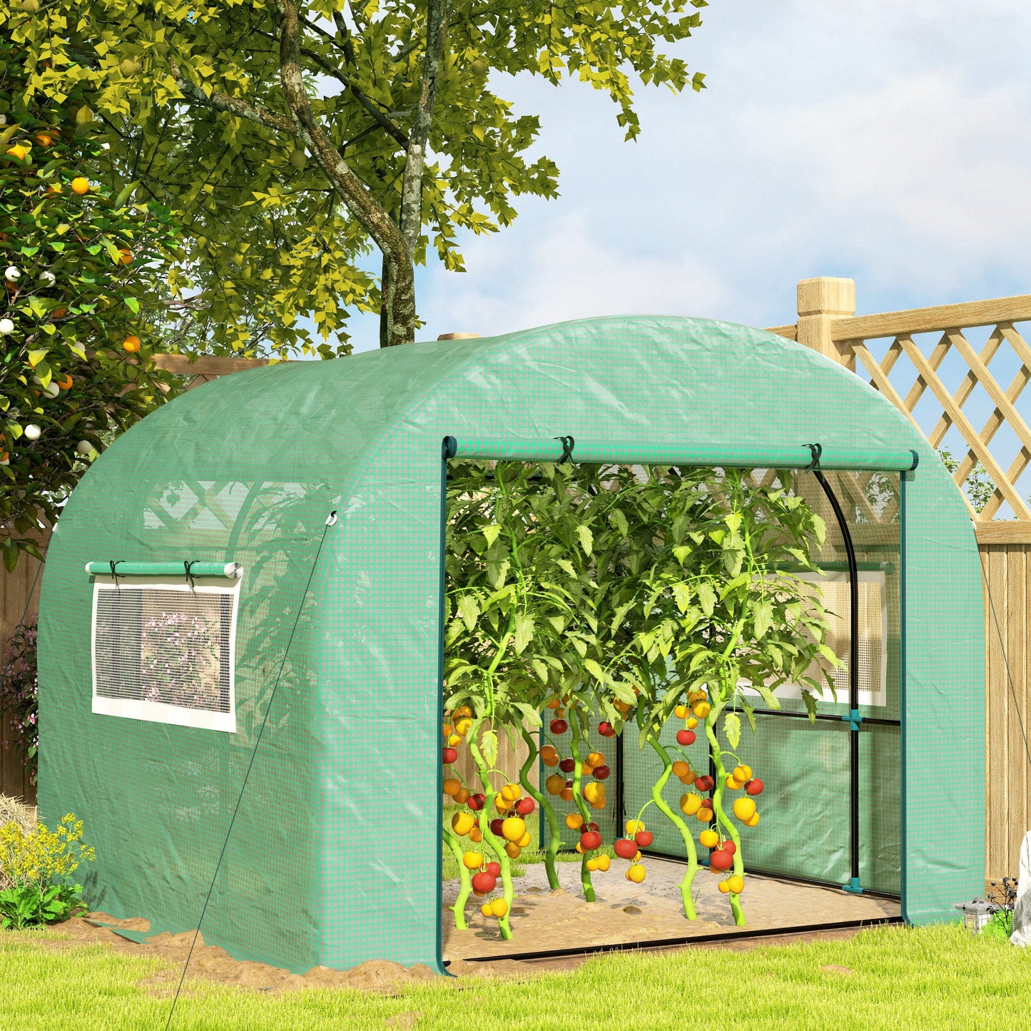 3 x 3 x 2m Polytunnel Greenhouse with Doors and Mesh Windows, Walk-in Grow House Tent with UV-resistant PE Cover and Steel Frame, Green