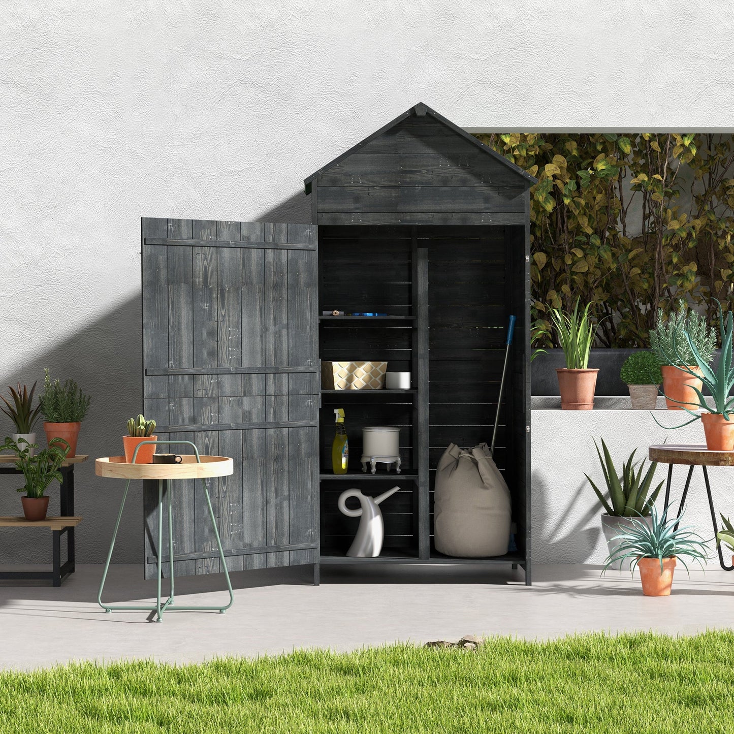 Wooden Outdoor Storage Shed, Compact Utility Outdoor Tool Shed with Lockable Double Doors and Shelves, Grey