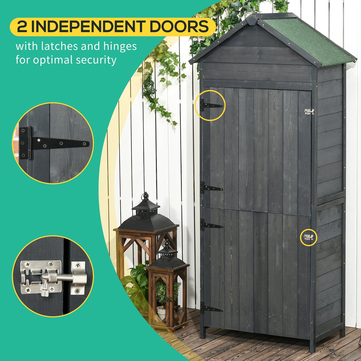 Wooden Outdoor Storage Shed, Compact Utility Outdoor Tool Shed with Lockable Double Doors and Shelves, Grey
