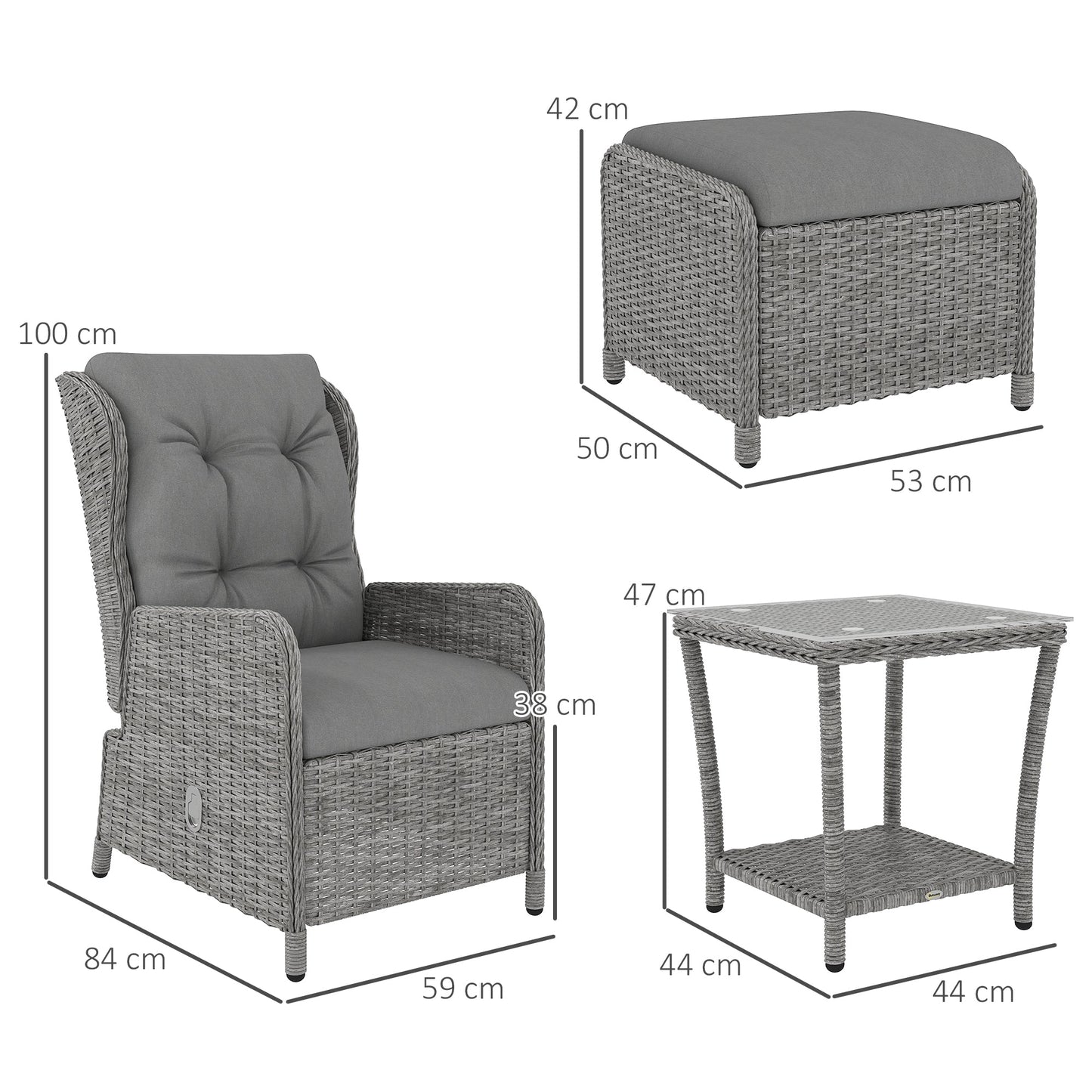 5 Pieces Rattan Bistro Set with Adjustable Back, Reclining Wicker Balcony Furniture with Cushions, Glass Top Coffee Table and Footstools, Outdoor Table and Chairs, Light Grey