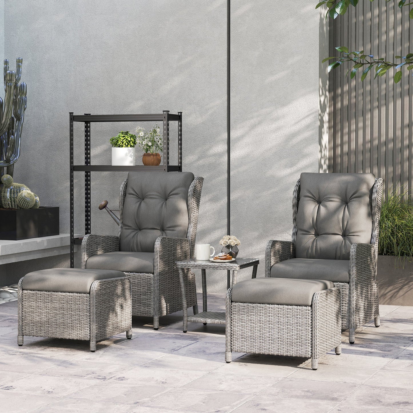 5 Pieces Rattan Bistro Set with Adjustable Back, Reclining Wicker Balcony Furniture with Cushions, Glass Top Coffee Table and Footstools, Outdoor Table and Chairs, Light Grey