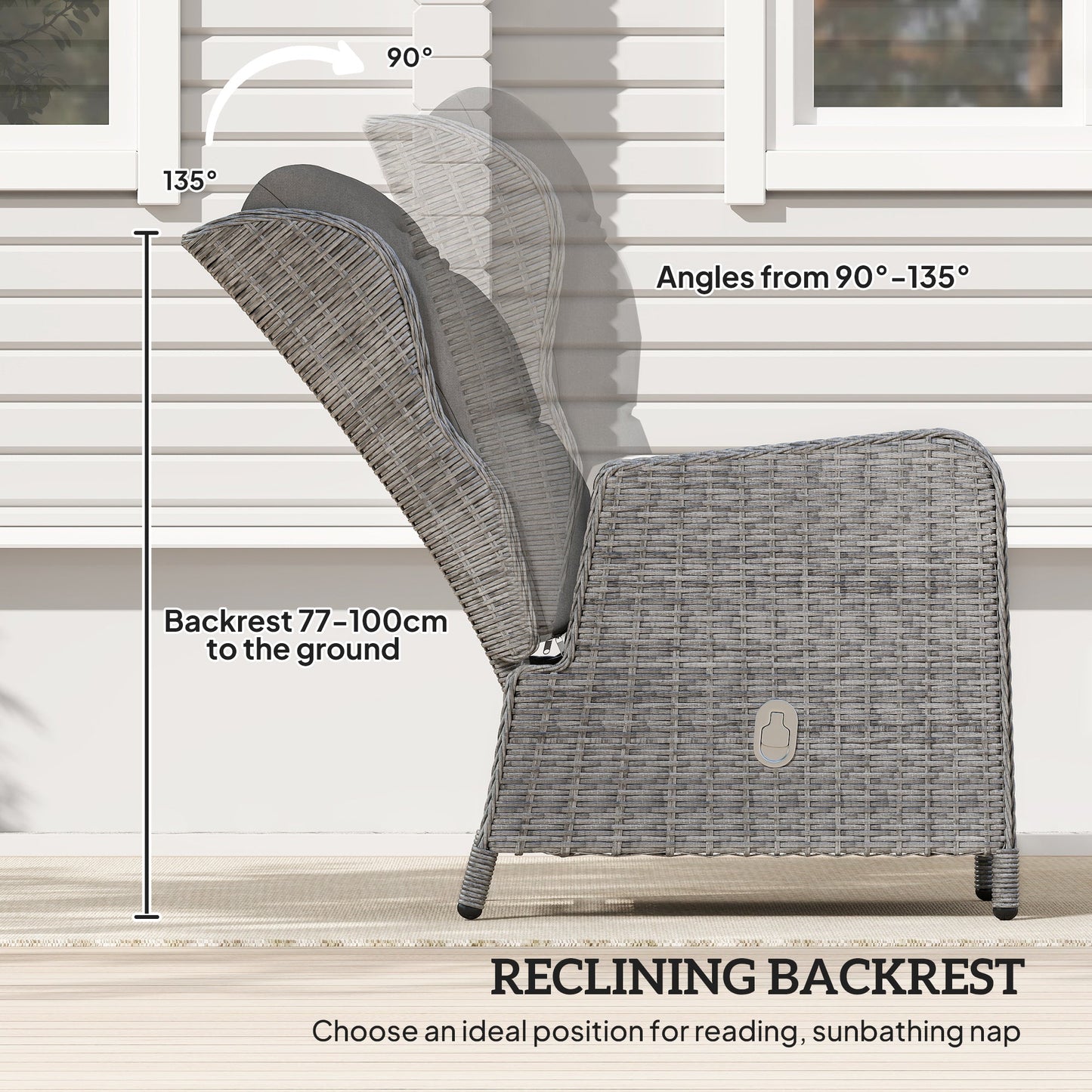 5 Pieces Rattan Bistro Set with Adjustable Back, Reclining Wicker Balcony Furniture with Cushions, Glass Top Coffee Table and Footstools, Outdoor Table and Chairs, Light Grey