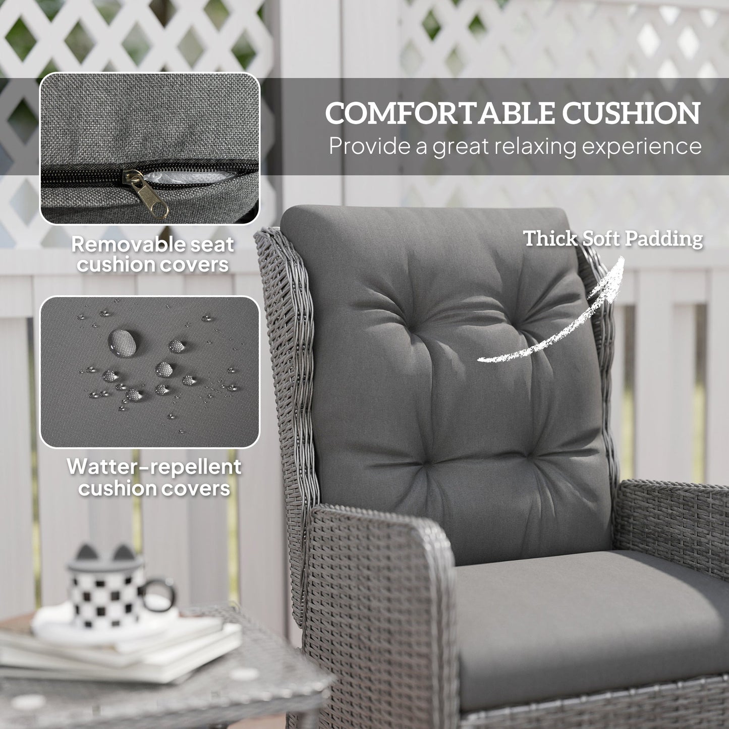 5 Pieces Rattan Bistro Set with Adjustable Back, Reclining Wicker Balcony Furniture with Cushions, Glass Top Coffee Table and Footstools, Outdoor Table and Chairs, Light Grey