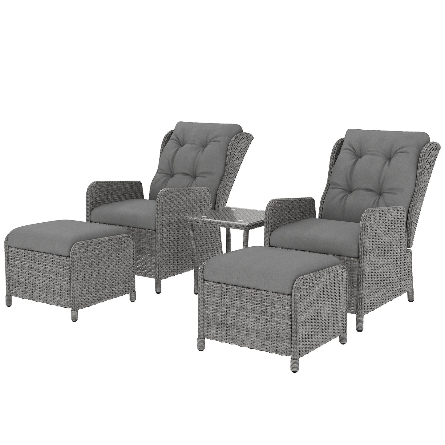 5 Pieces Rattan Bistro Set with Adjustable Back, Reclining Wicker Balcony Furniture with Cushions, Glass Top Coffee Table and Footstools, Outdoor Table and Chairs, Light Grey