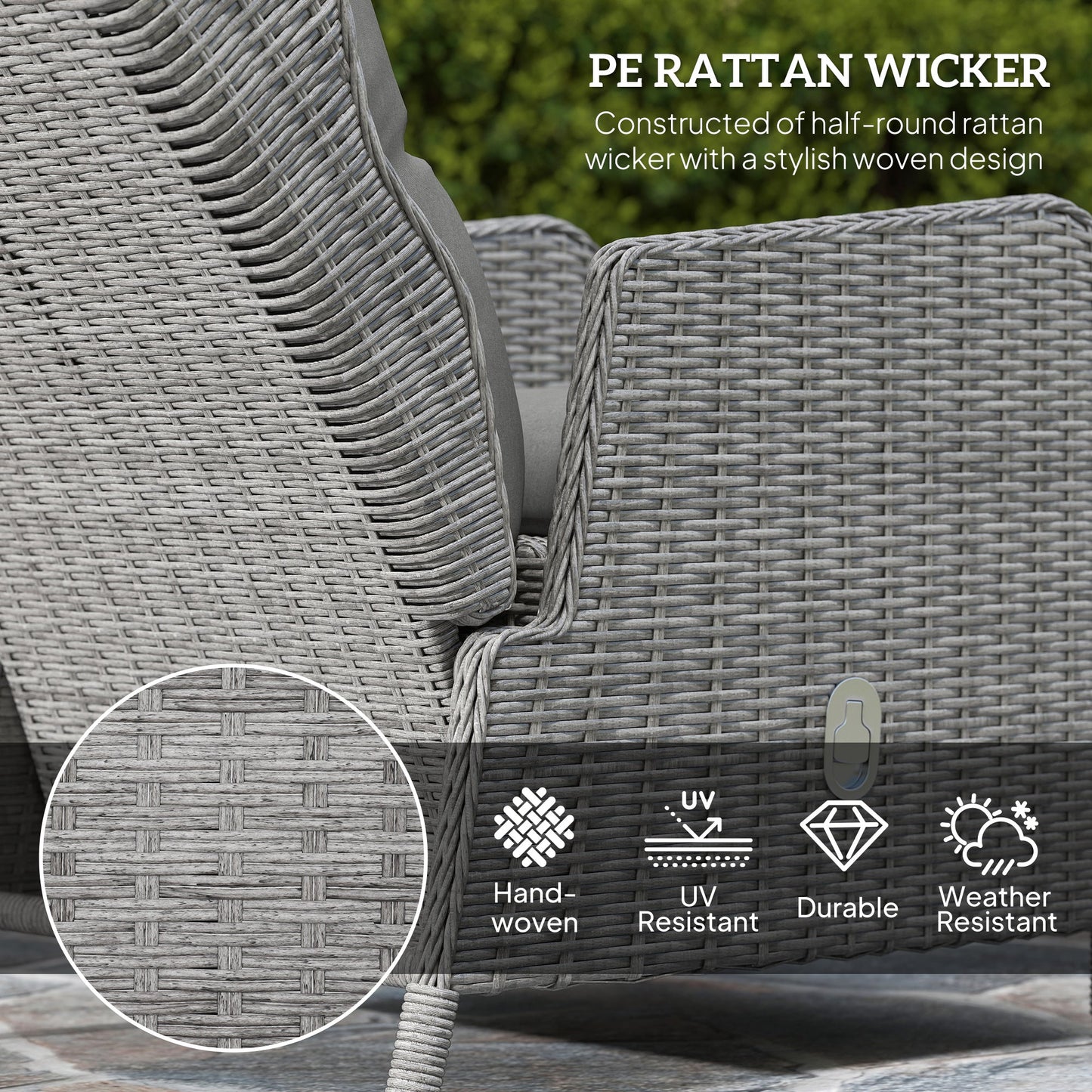 5 Pieces Rattan Bistro Set with Adjustable Back, Reclining Wicker Balcony Furniture with Cushions, Glass Top Coffee Table and Footstools, Outdoor Table and Chairs, Light Grey