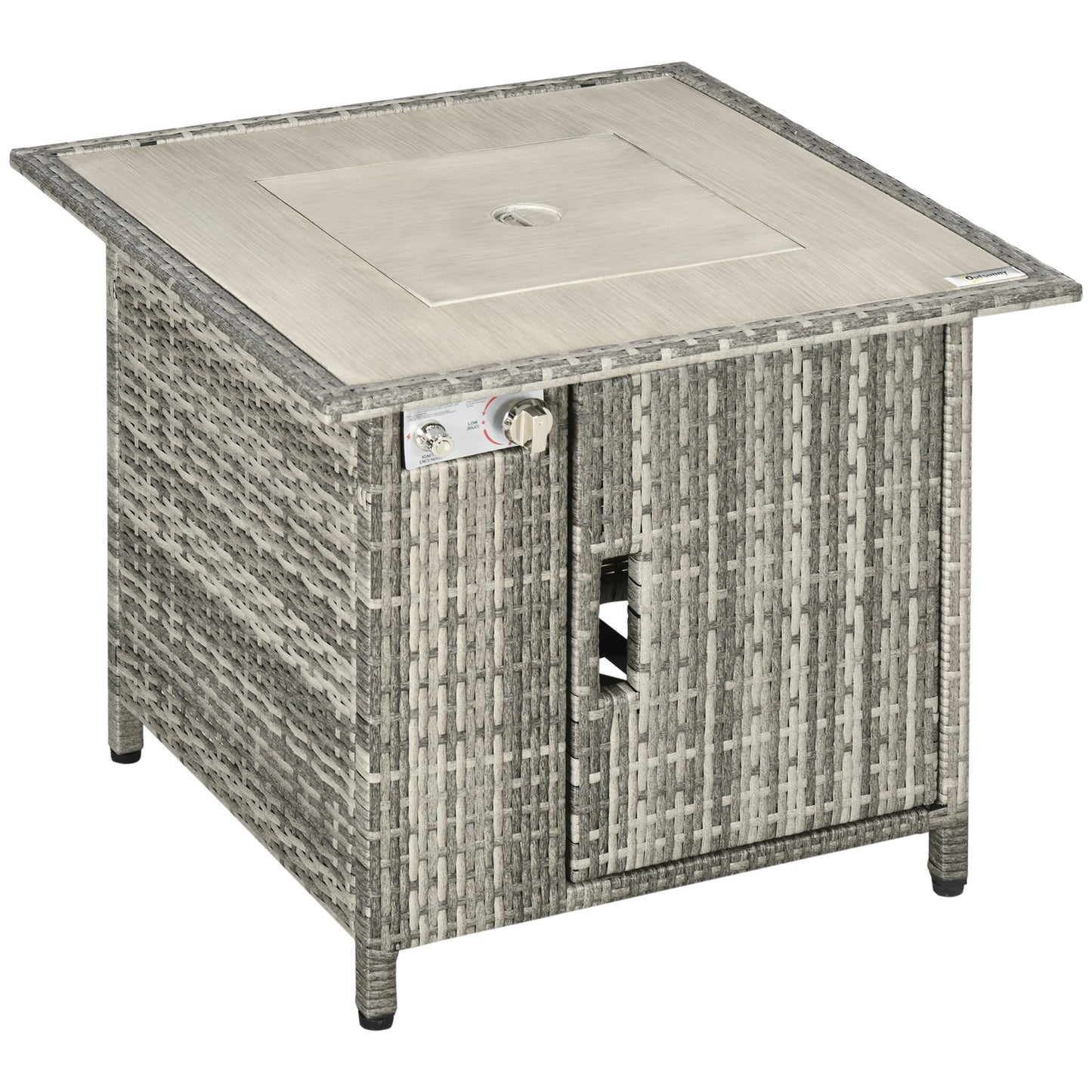 Outdoor PE Rattan Gas Fire Pit Table, Patio Square Propane Heater with Rain Cover, Glass Windscreen, and Lava Stone, 50,000 BTU, Grey