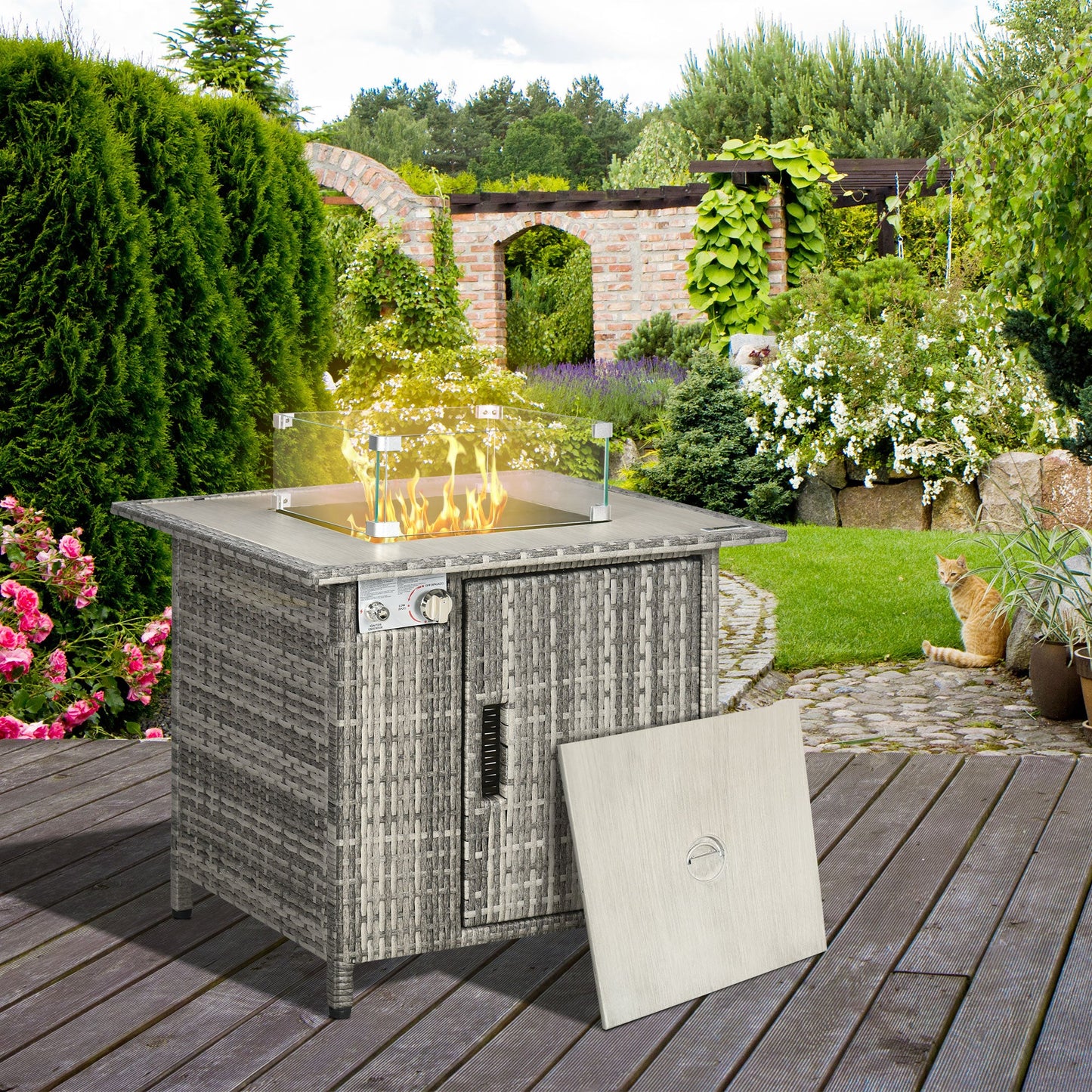 Outdoor PE Rattan Gas Fire Pit Table, Patio Square Propane Heater with Rain Cover, Glass Windscreen, and Lava Stone, 50,000 BTU, Grey