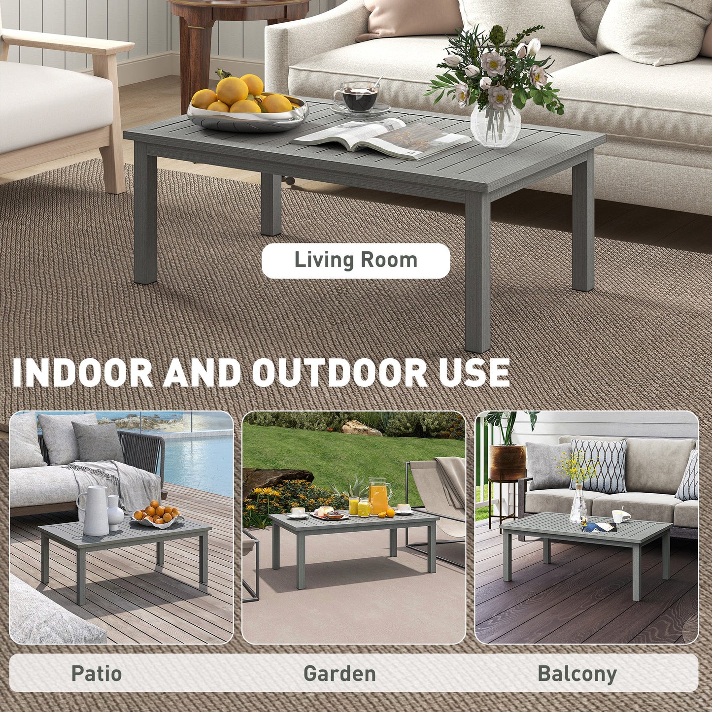 Aluminium Outdoor Coffee Table, Rectangular Patio Side Table with Wood Grain Effect and Slat Tabletop for Indoor, Garden, Balcony, 100cm x 60cm, Grey