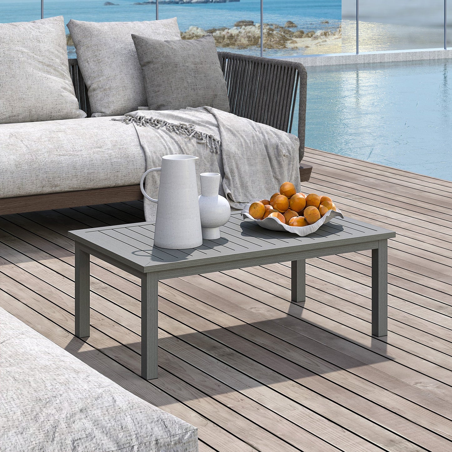 Aluminium Outdoor Coffee Table, Rectangular Patio Side Table with Wood Grain Effect and Slat Tabletop for Indoor, Garden, Balcony, 100cm x 60cm, Grey
