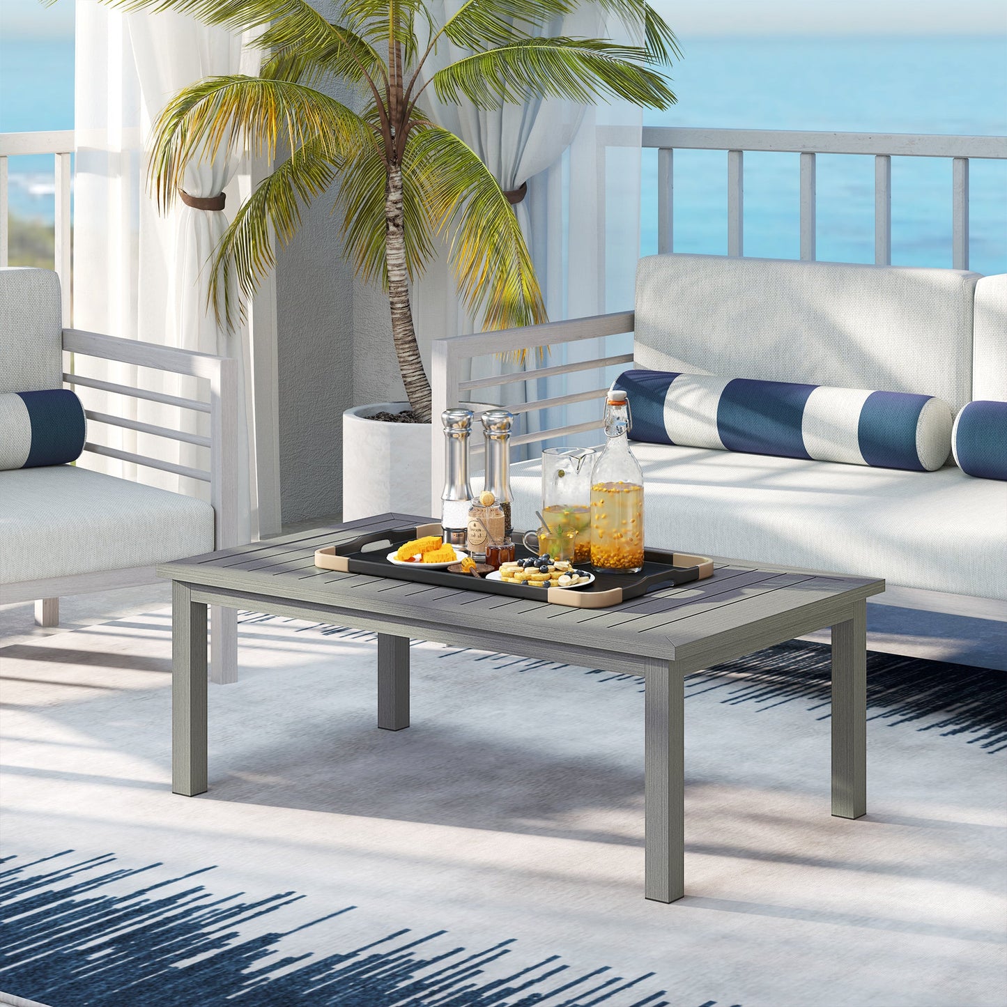 Aluminium Outdoor Coffee Table, Rectangular Patio Side Table with Wood Grain Effect and Slat Tabletop for Indoor, Garden, Balcony, 100cm x 60cm, Grey