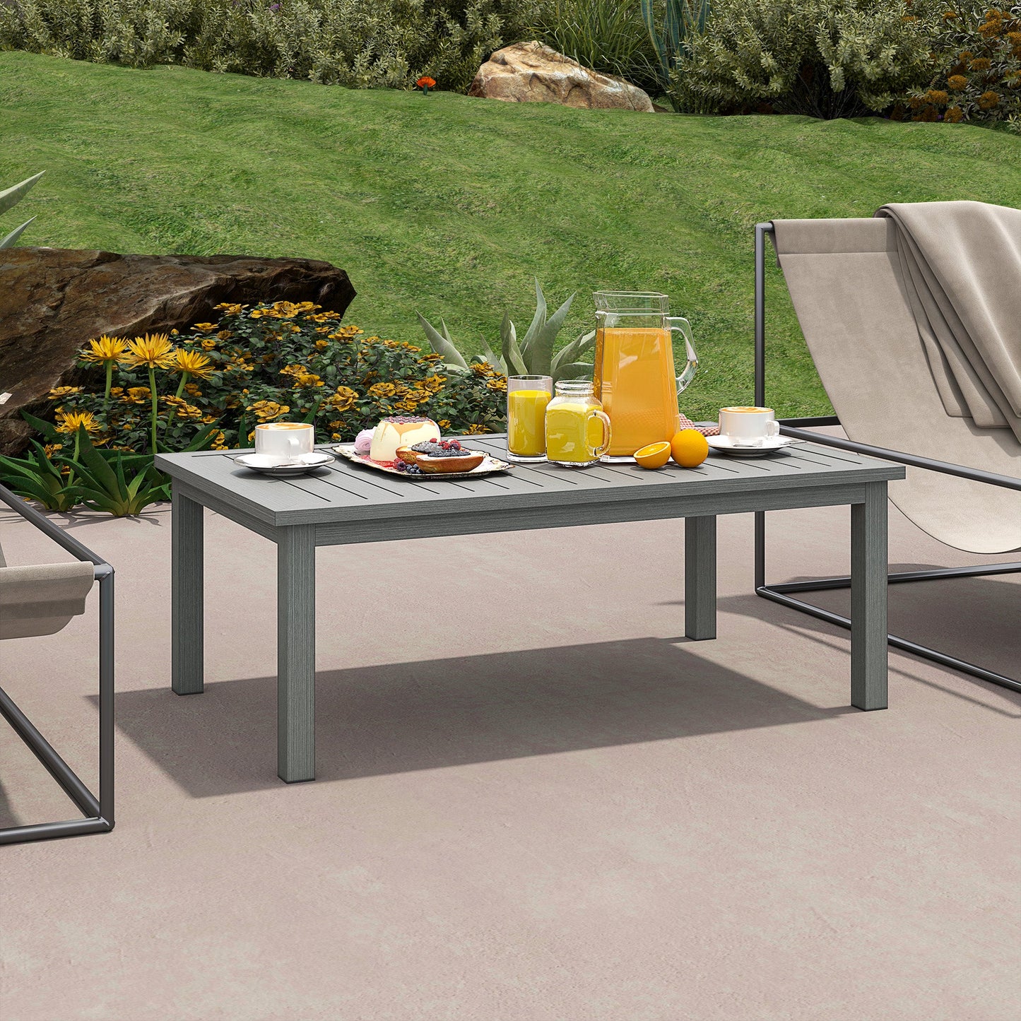 Aluminium Outdoor Coffee Table, Rectangular Patio Side Table with Wood Grain Effect and Slat Tabletop for Indoor, Garden, Balcony, 100cm x 60cm, Grey