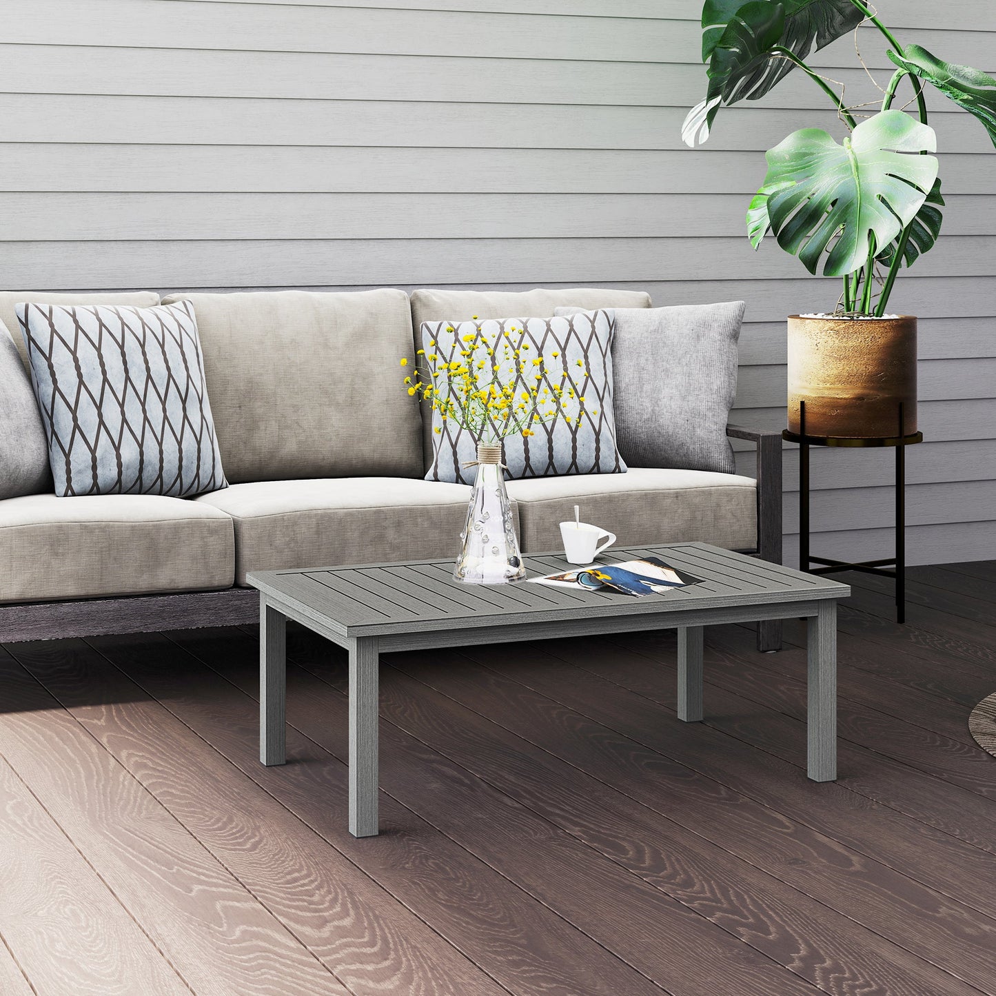 Aluminium Outdoor Coffee Table, Rectangular Patio Side Table with Wood Grain Effect and Slat Tabletop for Indoor, Garden, Balcony, 100cm x 60cm, Grey