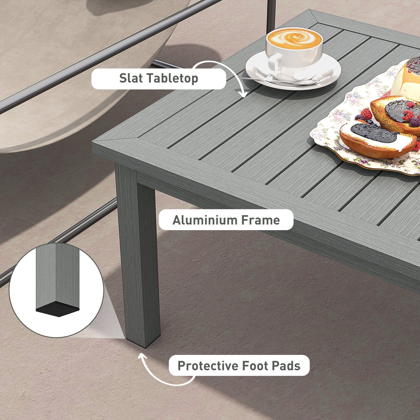 Aluminium Outdoor Coffee Table, Rectangular Patio Side Table with Wood Grain Effect and Slat Tabletop for Indoor, Garden, Balcony, 100cm x 60cm, Grey