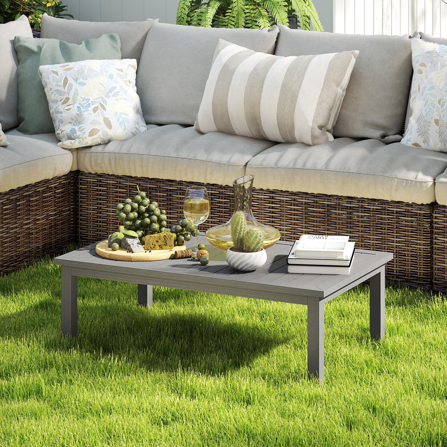 Aluminium Outdoor Coffee Table, Rectangular Patio Side Table with Wood Grain Effect and Slat Tabletop for Indoor, Garden, Balcony, 100cm x 60cm, Grey