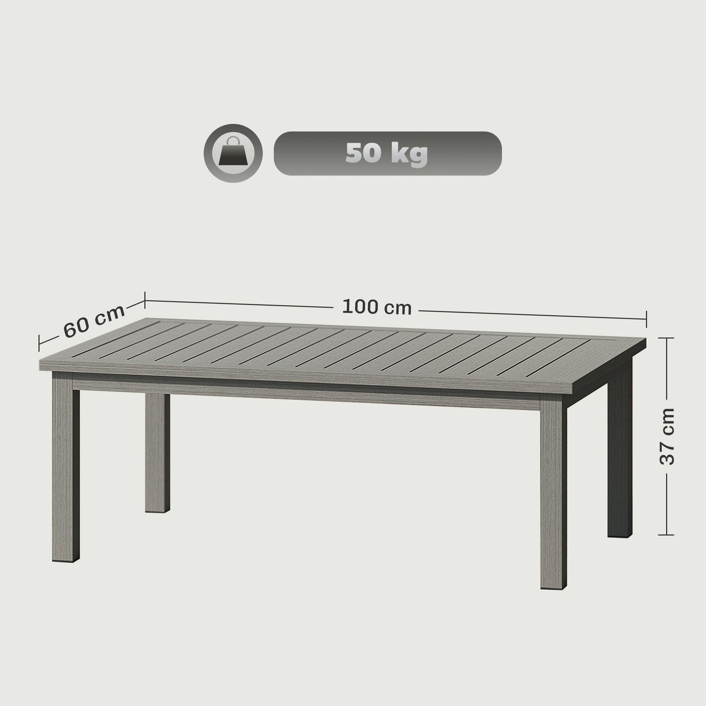Aluminium Outdoor Coffee Table, Rectangular Patio Side Table with Wood Grain Effect and Slat Tabletop for Indoor, Garden, Balcony, 100cm x 60cm, Grey