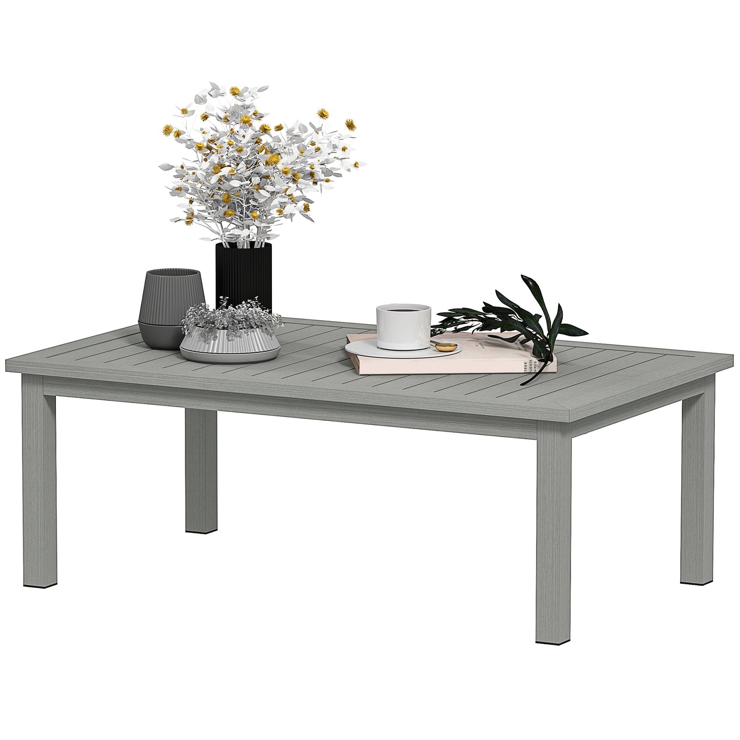 Aluminium Outdoor Coffee Table, Rectangular Patio Side Table with Wood Grain Effect and Slat Tabletop for Indoor, Garden, Balcony, 100cm x 60cm, Grey