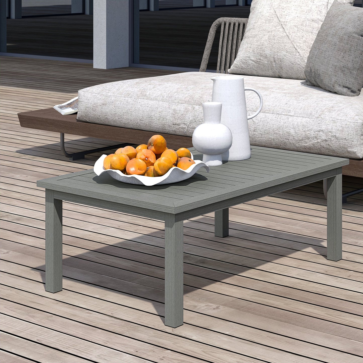 Aluminium Outdoor Coffee Table, Rectangular Patio Side Table with Wood Grain Effect and Slat Tabletop for Indoor, Garden, Balcony, 100cm x 60cm, Grey
