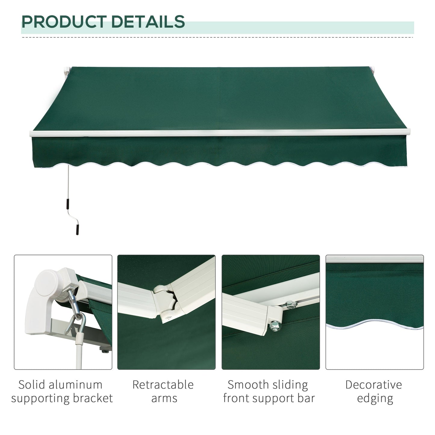 3 x 2m Manual Window Awning Canopy Garden Outdoor Shelter Patio Sun Shade UV Blocker Light Weight Aluminium Frame w/ Hand Crank Green