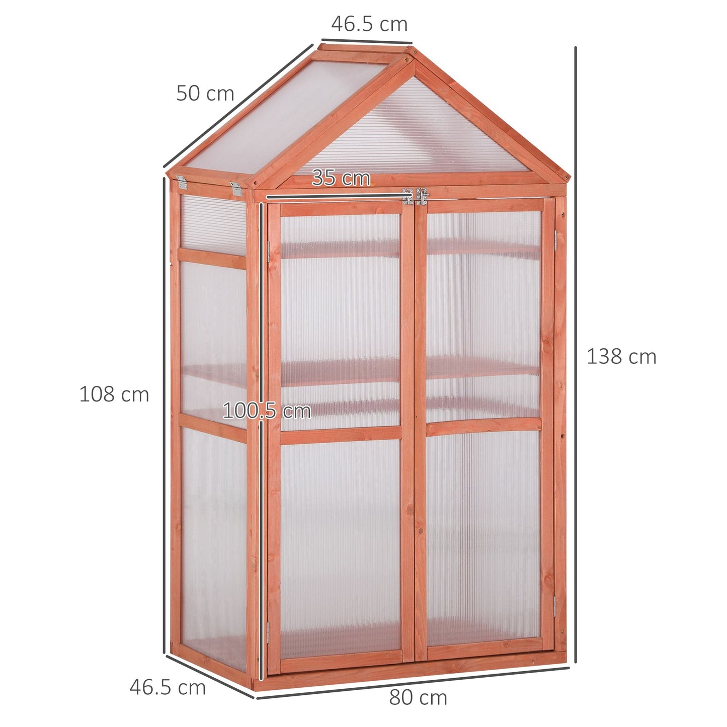 Garden Cold Frame Polycarbonate Greenhouse with Adjustable Shelves, Double Doors, Openable Top Covers, Grow House for Flower Vegetable Plants, 80 x 47 x 138cm, Orange
