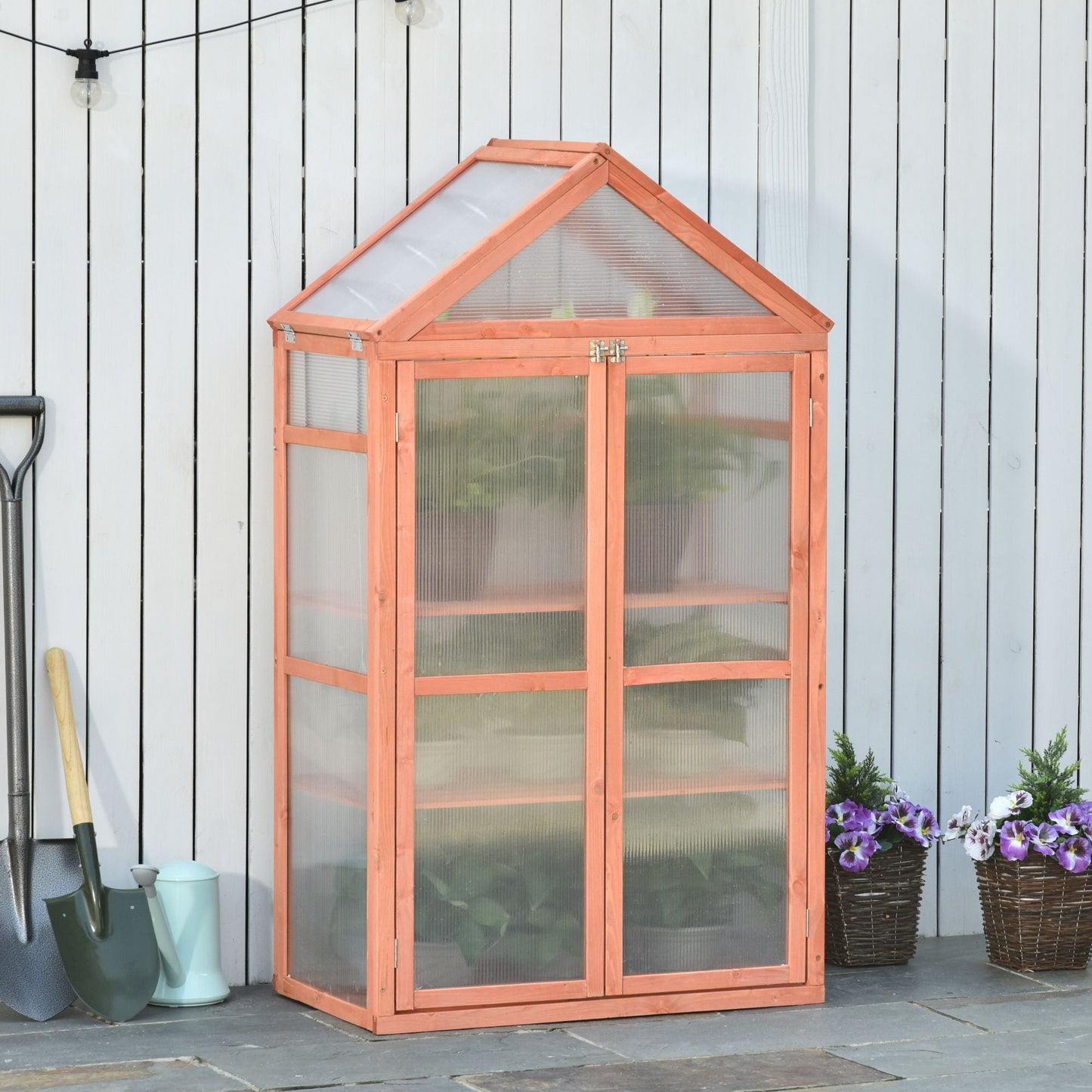 Garden Cold Frame Polycarbonate Greenhouse with Adjustable Shelves, Double Doors, Openable Top Covers, Grow House for Flower Vegetable Plants, 80 x 47 x 138cm, Orange