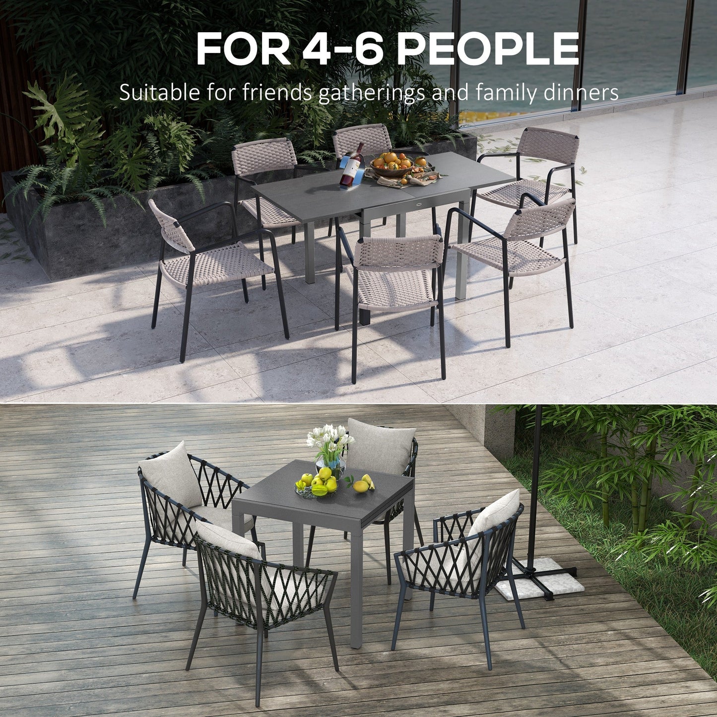 Garden Table, Extendable Outdoor Dining Table for 6 with Aluminium Frame, Steel Tabletop, Rectangle Patio Table for Balcony, Deck, Dark Grey with Wood-effect