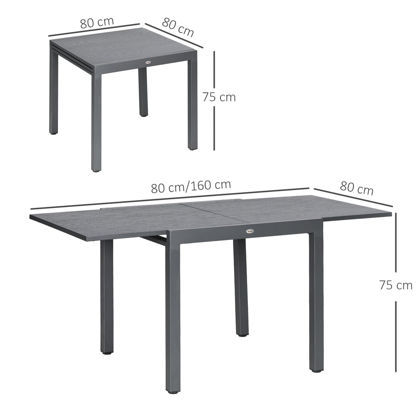 Garden Table, Extendable Outdoor Dining Table for 6 with Aluminium Frame, Steel Tabletop, Rectangle Patio Table for Balcony, Deck, Dark Grey with Wood-effect