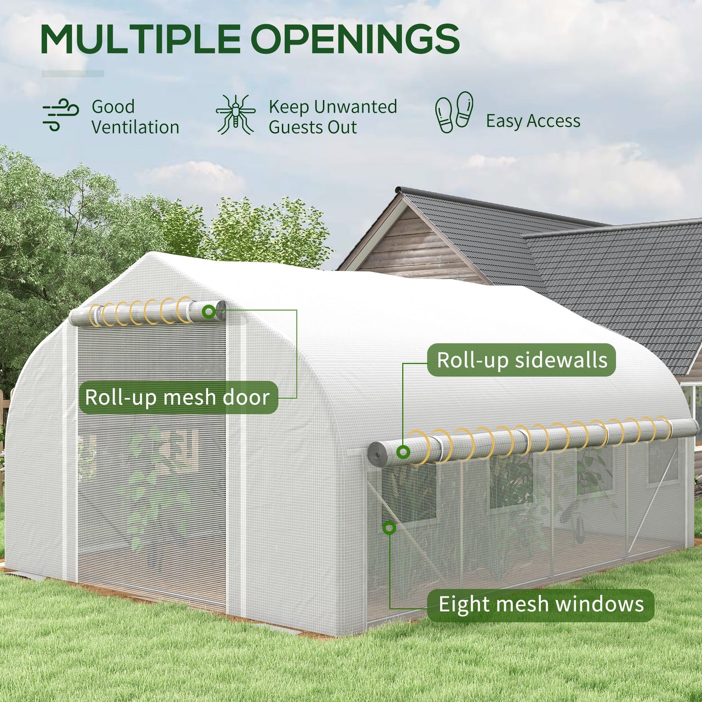 4 x 3(m) Walk-in Polytunnel Greenhouse, Zipped Roll Up Sidewalls, Mesh Door, 8 Mesh Windows, Tunnel Warm House Tent with PE Cover, Complimentary Plant Labels and Gloves, White