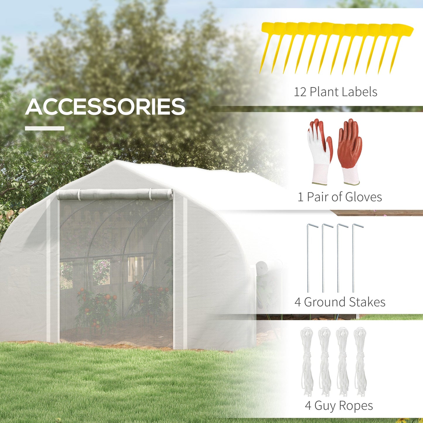 4 x 3(m) Walk-in Polytunnel Greenhouse, Zipped Roll Up Sidewalls, Mesh Door, 8 Mesh Windows, Tunnel Warm House Tent with PE Cover, Complimentary Plant Labels and Gloves, White