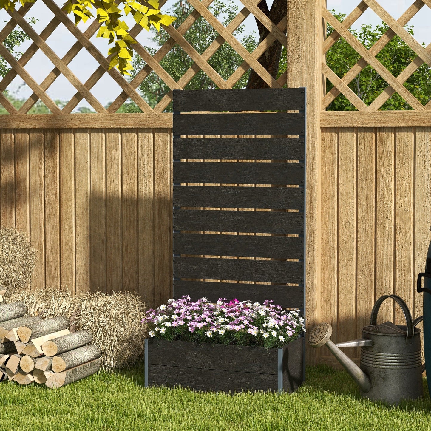 Garden Planter with Trellis for Climbing Plants, Vines, Flowers, Freestanding Raised Bed for Garden, Outdoor, Patio, Planter Box with Drainage Gap, 72x38x150cm, Black