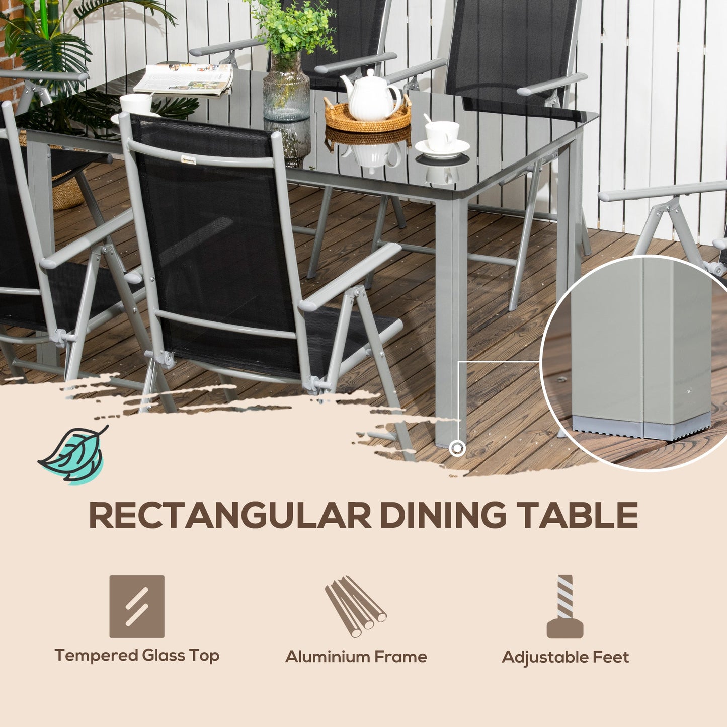 7 Piece Garden Dining Set, Outdoor Table and 6 Folding and Reclining Chairs, Aluminium Frame, Tempered Glass Top Table, Texteline Seats, Black