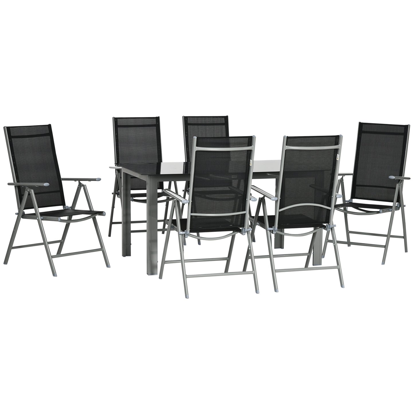 7 Piece Garden Dining Set, Outdoor Table and 6 Folding and Reclining Chairs, Aluminium Frame, Tempered Glass Top Table, Texteline Seats, Black