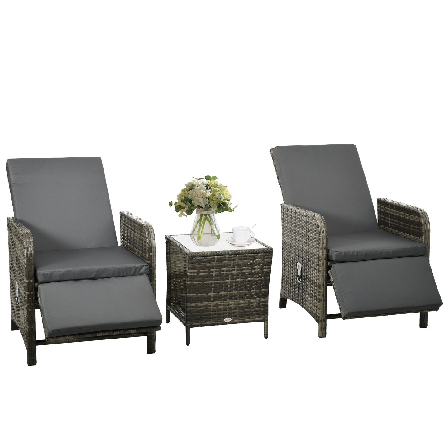 3 Pieces Garden Rattan Bistro Set with Adjustable Backrest, Balcony Conversation Furniture Set with 2 Armchairs Tempered Glass Coffee Table, Cushions, Storage Function - Mix-Grey