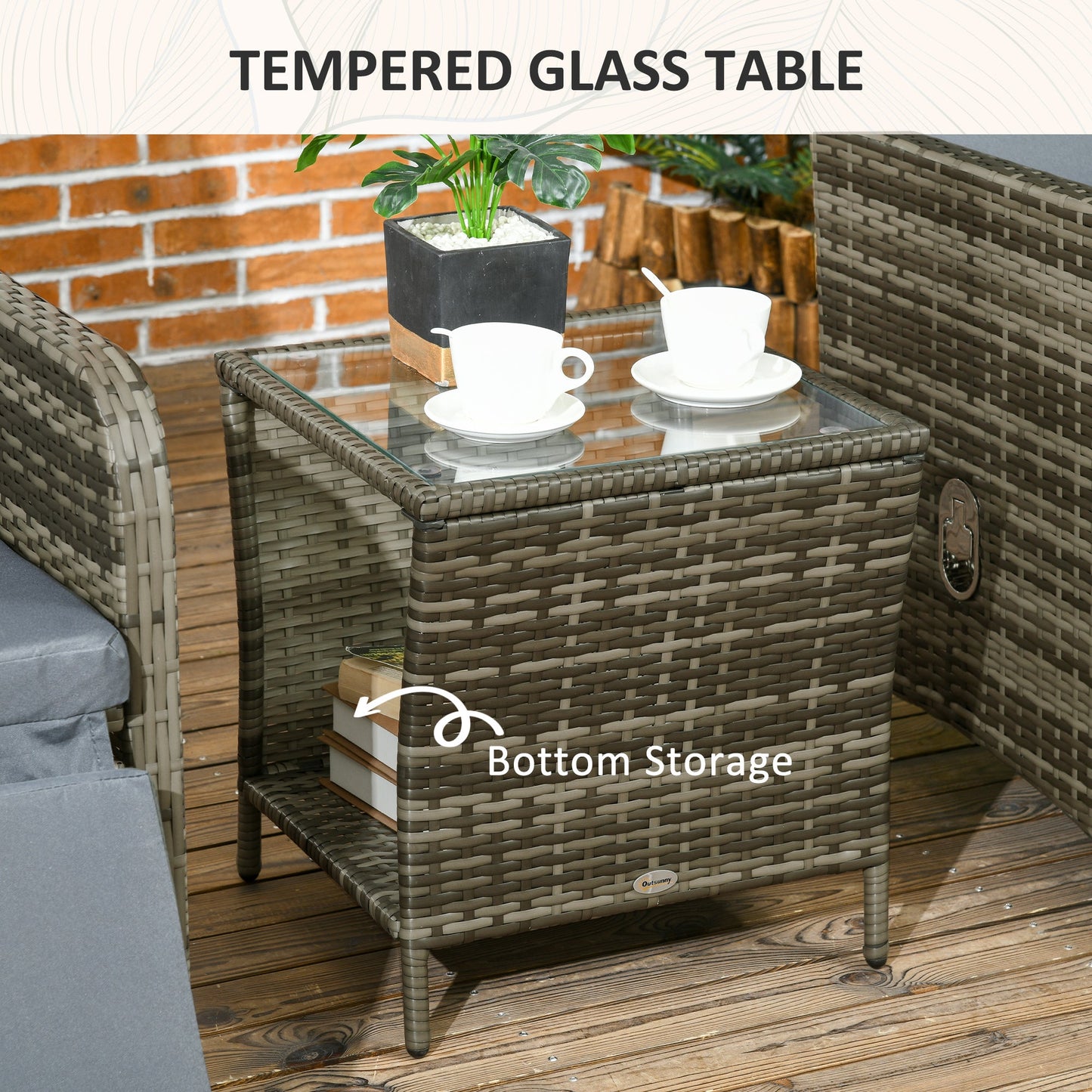 3 Pieces Garden Rattan Bistro Set with Adjustable Backrest, Balcony Conversation Furniture Set with 2 Armchairs Tempered Glass Coffee Table, Cushions, Storage Function - Mix-Grey