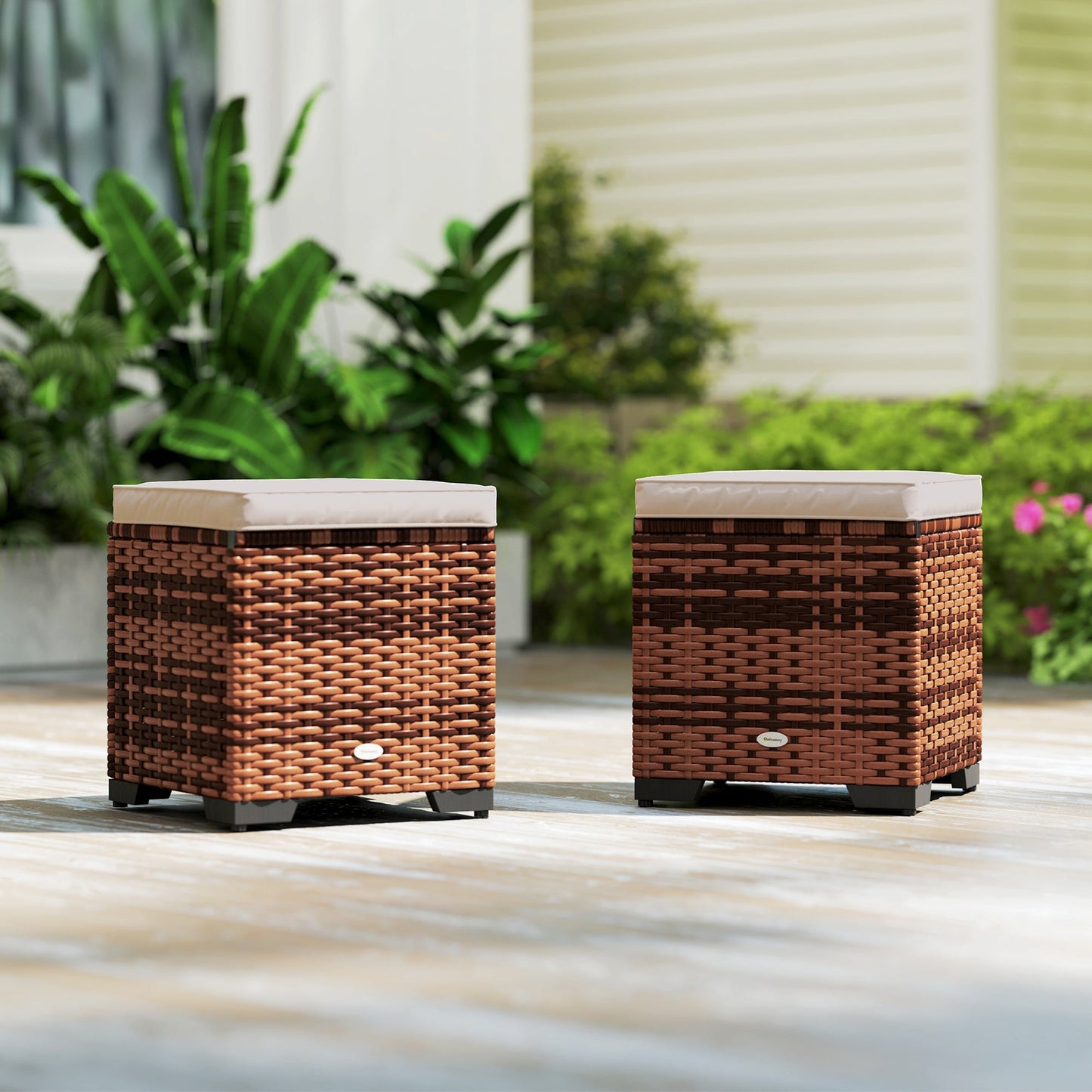 Set of 2 Rattan Storage Ottoman, Outdoor Footstool with Removable Cushions, Garden Storage Seat for Balcony, Poolside, Living Room, Beige