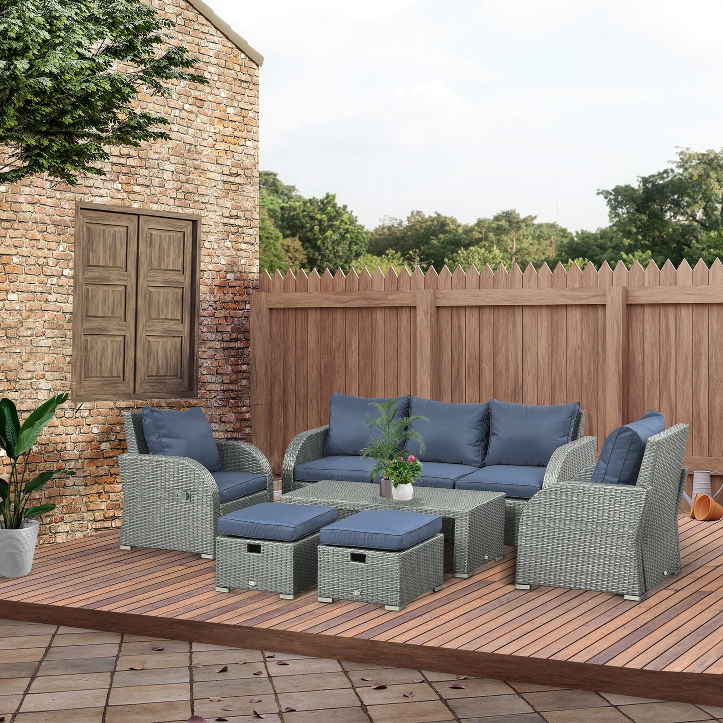 Rattan Garden Sofa Set With 3 Seater Sofa, 2 Reclining Single Sofa, Coffee Table, Footstool, Space-saving Outdoor Patio Wicker Furniture Set - Blue