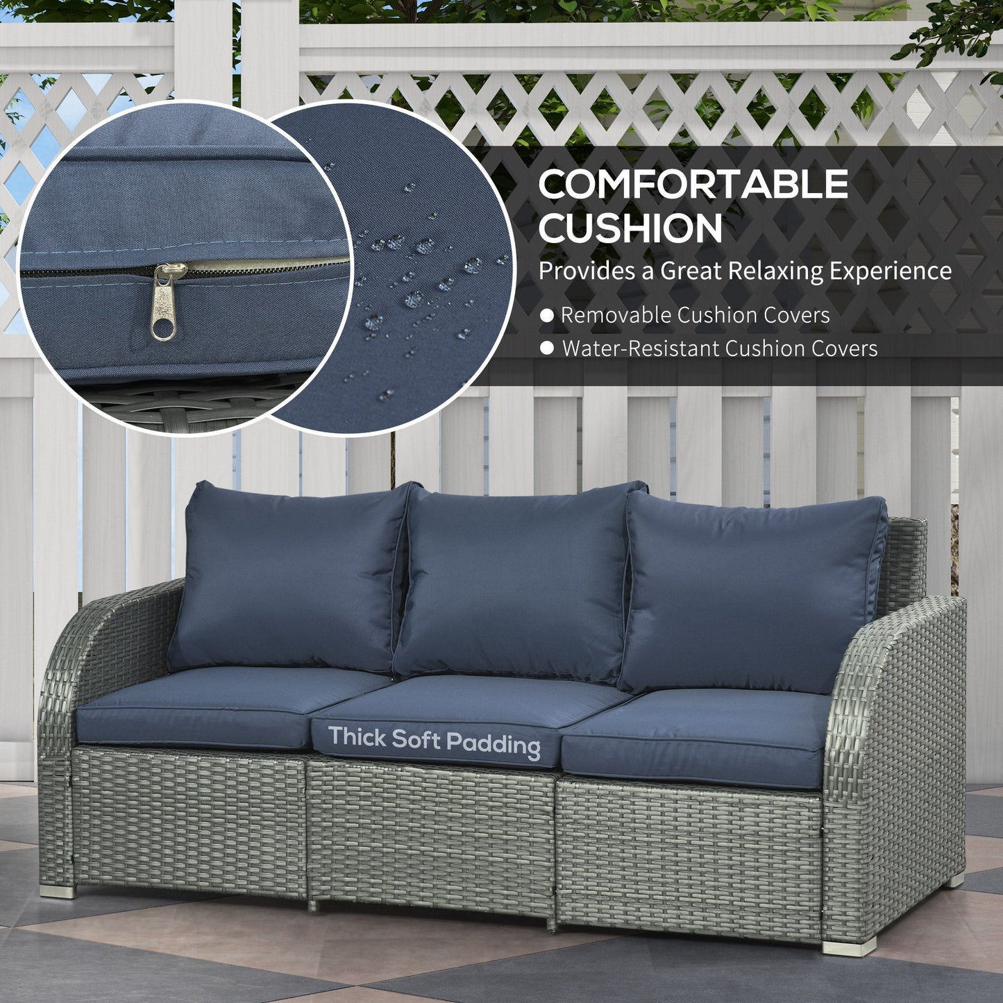 Rattan Garden Sofa Set With 3 Seater Sofa, 2 Reclining Single Sofa, Coffee Table, Footstool, Space-saving Outdoor Patio Wicker Furniture Set - Blue