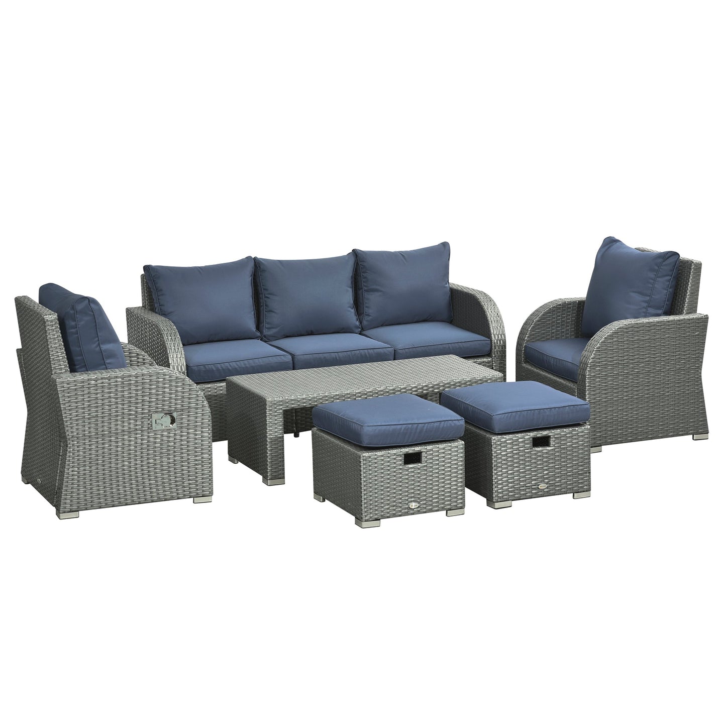 Rattan Garden Sofa Set With 3 Seater Sofa, 2 Reclining Single Sofa, Coffee Table, Footstool, Space-saving Outdoor Patio Wicker Furniture Set - Blue