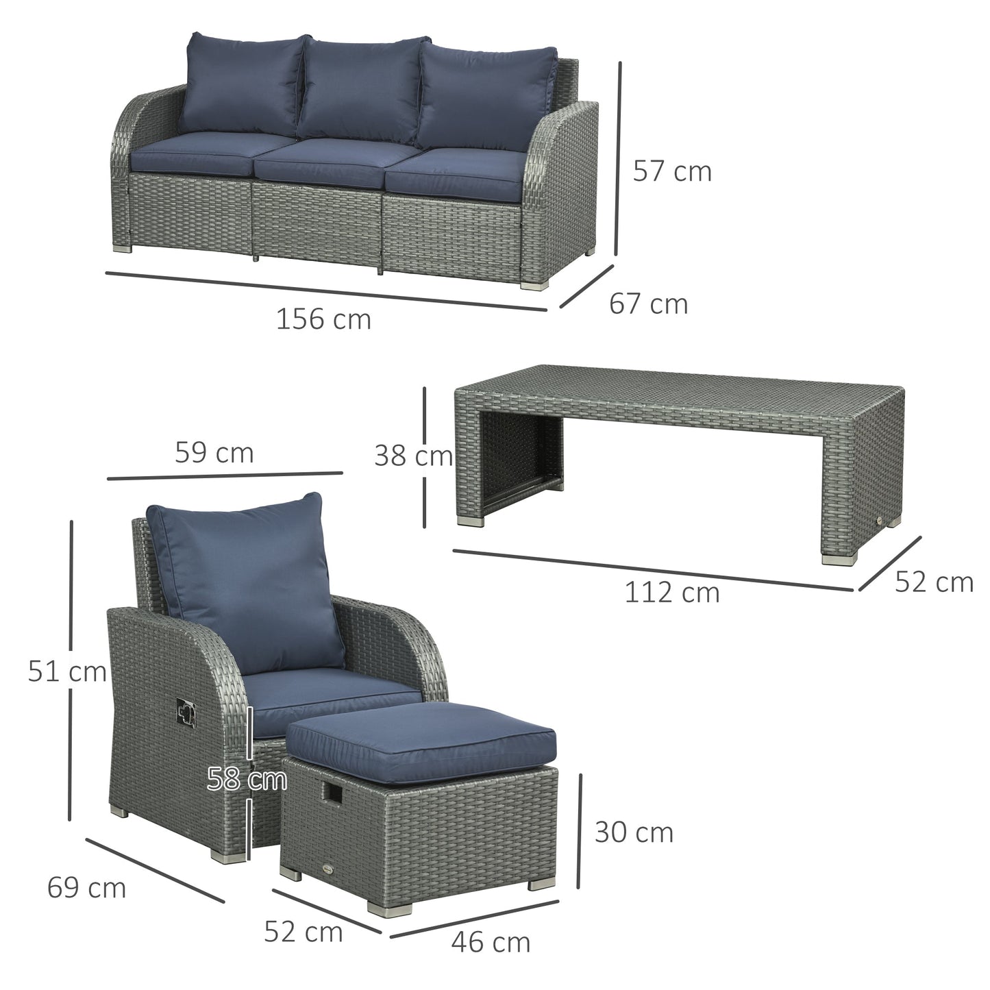 Rattan Garden Sofa Set With 3 Seater Sofa, 2 Reclining Single Sofa, Coffee Table, Footstool, Space-saving Outdoor Patio Wicker Furniture Set - Blue