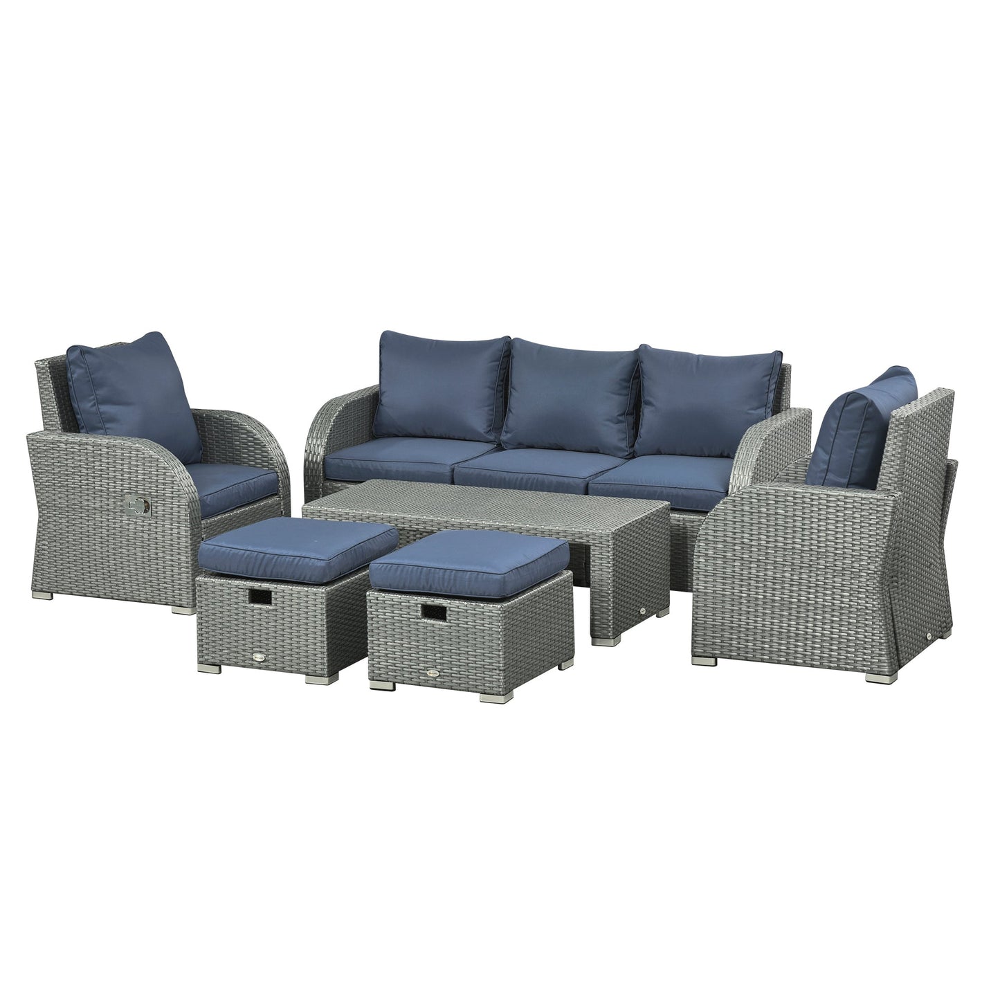 Rattan Garden Sofa Set With 3 Seater Sofa, 2 Reclining Single Sofa, Coffee Table, Footstool, Space-saving Outdoor Patio Wicker Furniture Set - Blue