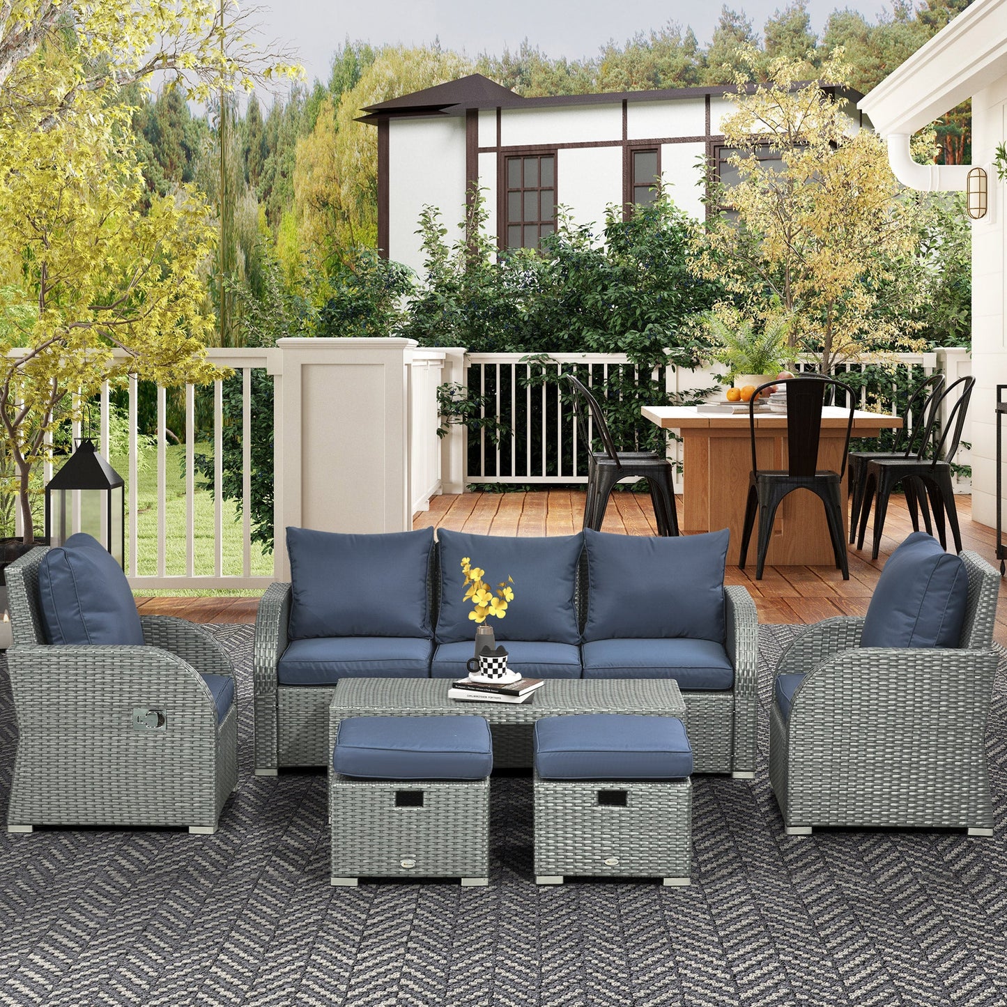 Rattan Garden Sofa Set With 3 Seater Sofa, 2 Reclining Single Sofa, Coffee Table, Footstool, Space-saving Outdoor Patio Wicker Furniture Set - Blue