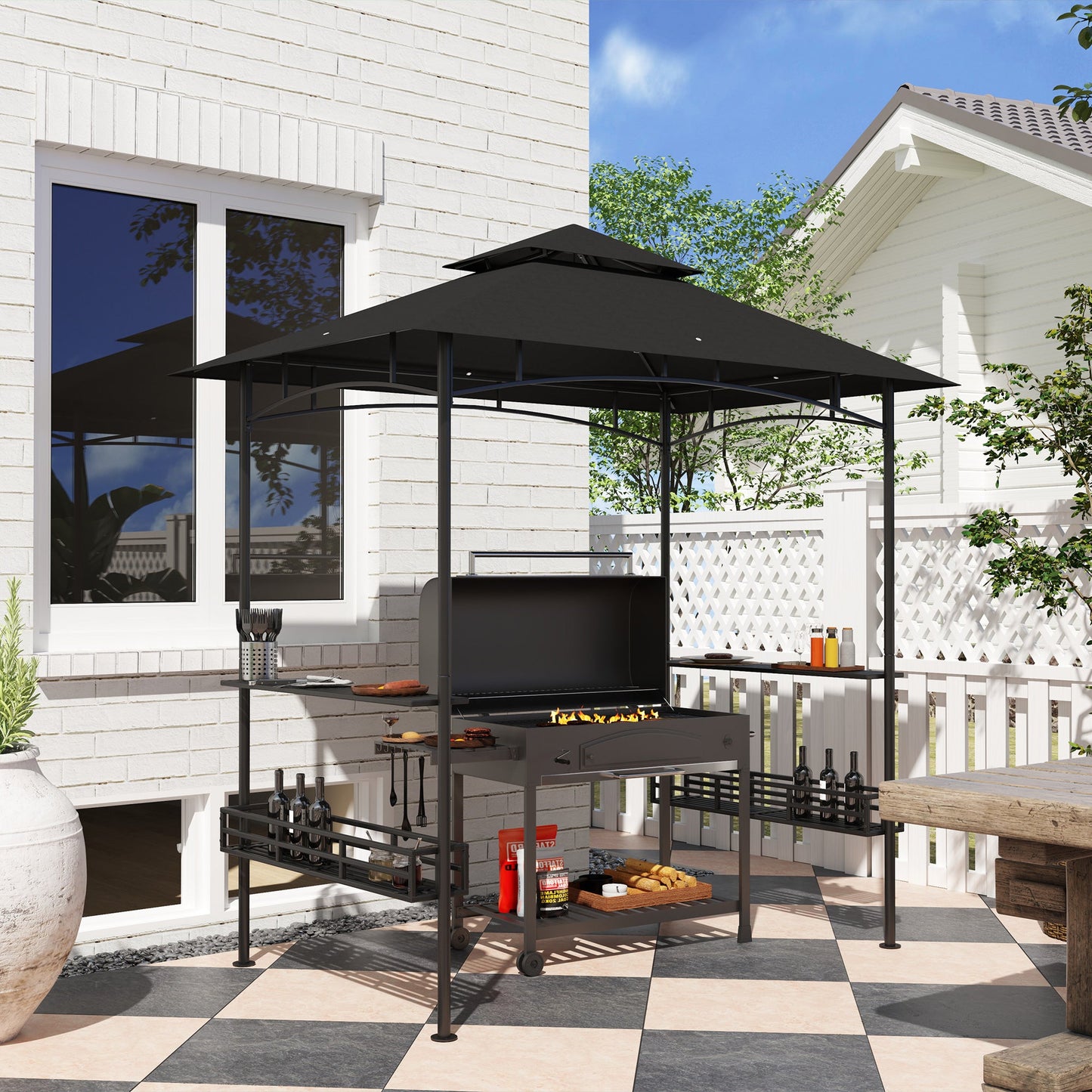 8' x 5' Grill Gazebo Canopy, Double Tiered Outdoor BBQ Gazebo Shelter with 2 Side Shelves, Storage Baskets, Hook for Garden, Patio, Barbecue, Picnic, Dark Grey