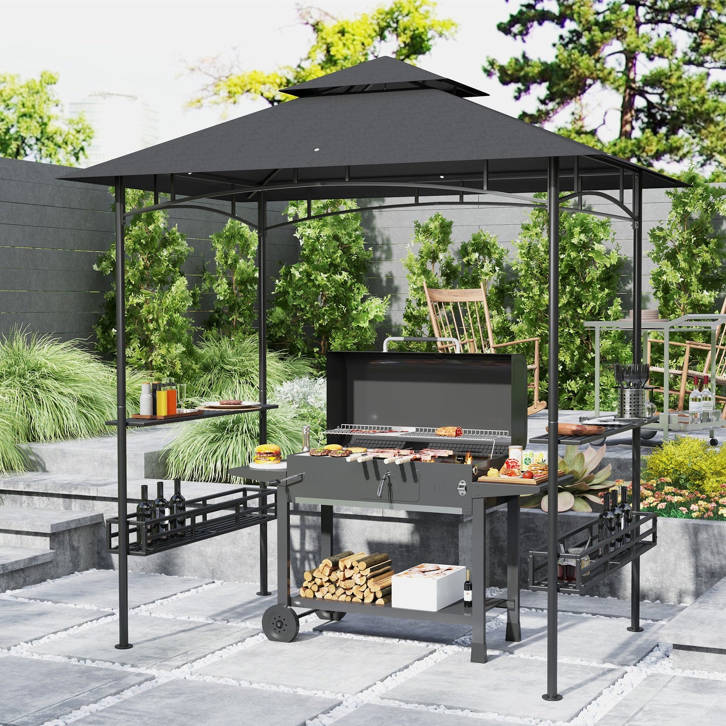 8' x 5' Grill Gazebo Canopy, Double Tiered Outdoor BBQ Gazebo Shelter with 2 Side Shelves, Storage Baskets, Hook for Garden, Patio, Barbecue, Picnic, Dark Grey