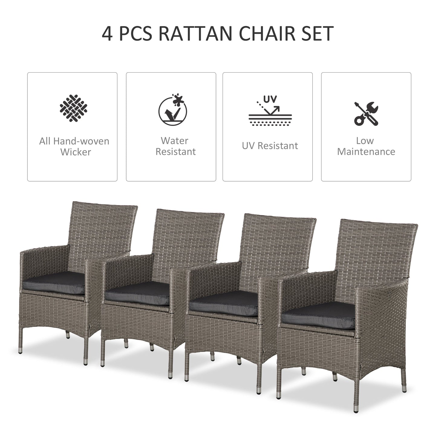 4 Pieces Outdoor PE Rattan Dining Chairs Set with Cushion, Garden Armchair with Armrests, High Backrest, Metal Frame Patio Wicker Furniture, Grey