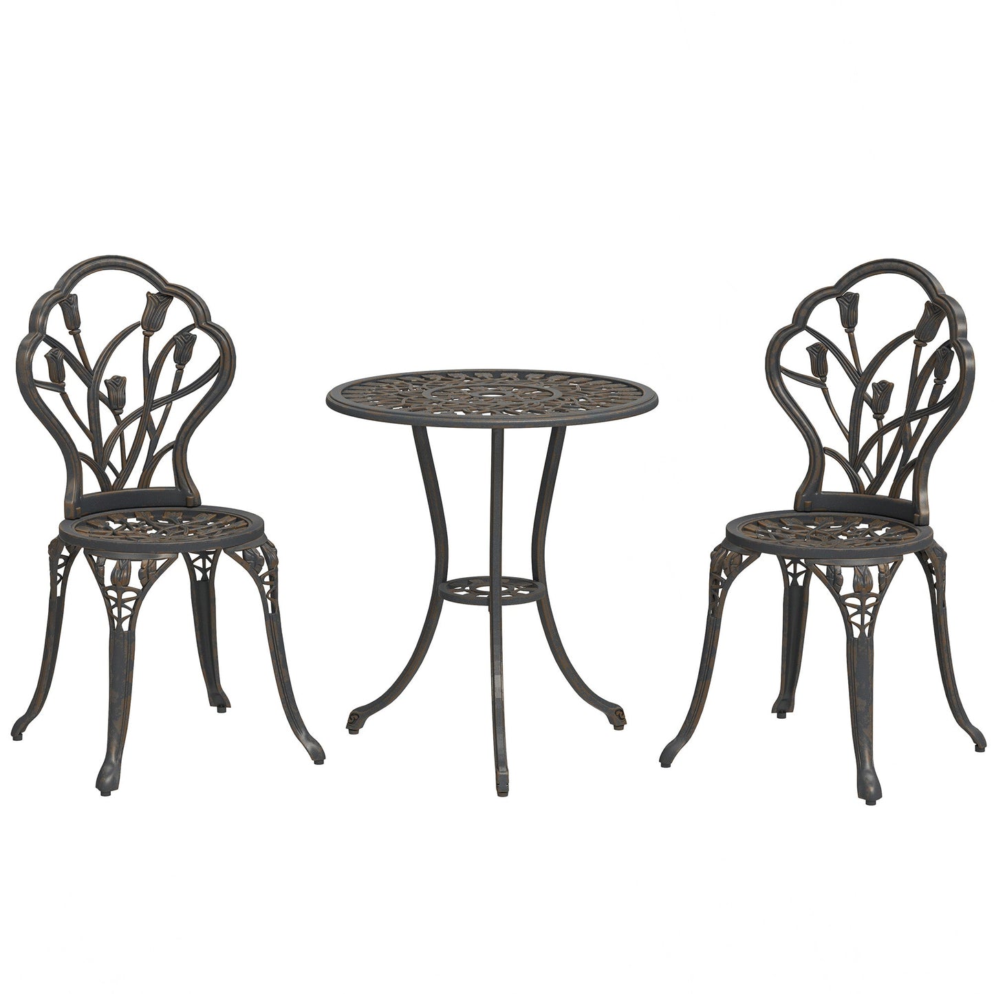 3 Piece Patio Bistro Set for 2, Outdoor Aluminium Garden Table and Chairs with Umbrella Hole for Balcony, Bronze Tone