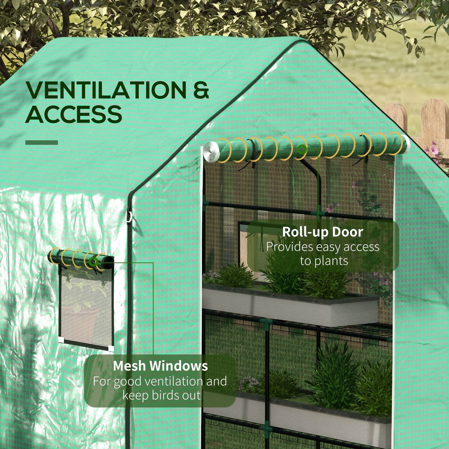 Walk-in Greenhouse Cover Replacement with Roll-up Door and Mesh Windows, Reinforced PE Hot House Cover, COVER ONLY, 140 x 143 x 190cm, Green