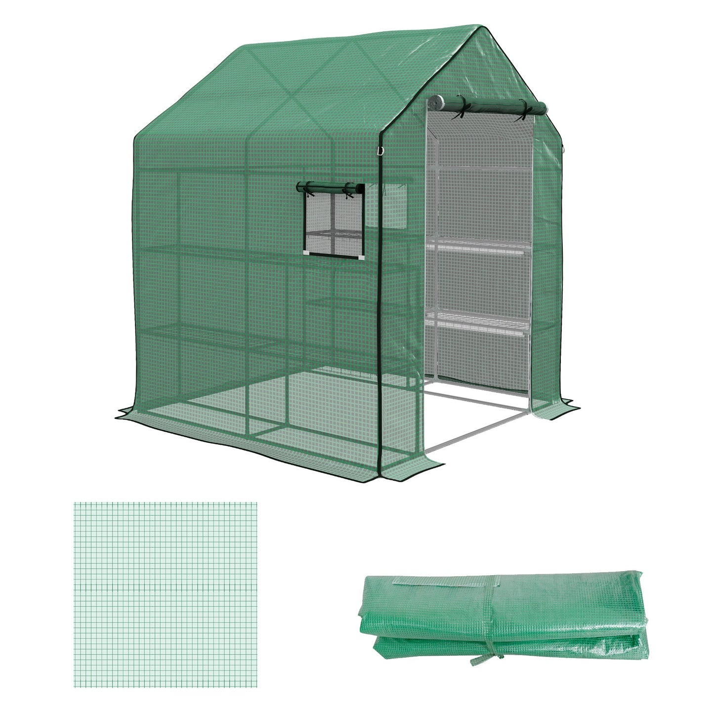 Walk-in Greenhouse Cover Replacement with Roll-up Door and Mesh Windows, Reinforced PE Hot House Cover, COVER ONLY, 140 x 143 x 190cm, Green